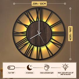 LEIKE Large LED Wall Clocks,Silent,Non Ticking,Battery Operated Rustic Round Modern Big Wood Wall Clock for Living Room, Bedroom,Kitchen,Farmhouse,Office,Home Decor -20" Black,LED,Roman Number