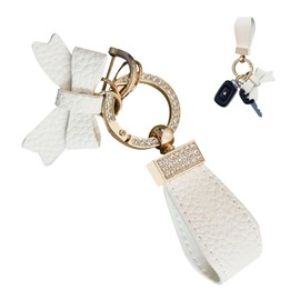 DACIRTY Bling Car Bowtie Keychain, Rhinestone Alloy Lychee Pattern PU Leather Exquisite Pendant, Women Auto Parts (White)