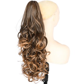 BOBIYA 24 Inches Claw Clip in Loose Curly Synthetic Wrap Around Ponytail Extensions Pony Tail Clip In Extensions (Dark Brown to Medium Brown)