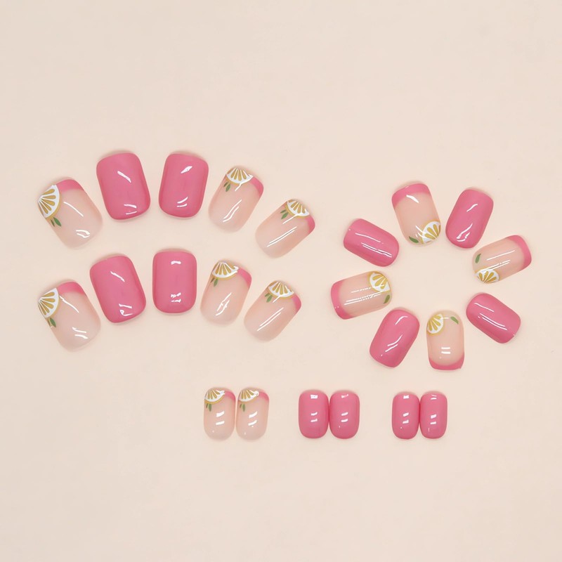 IMSOHOT Short Square Pink French Tip Fake Nails Cute lemon