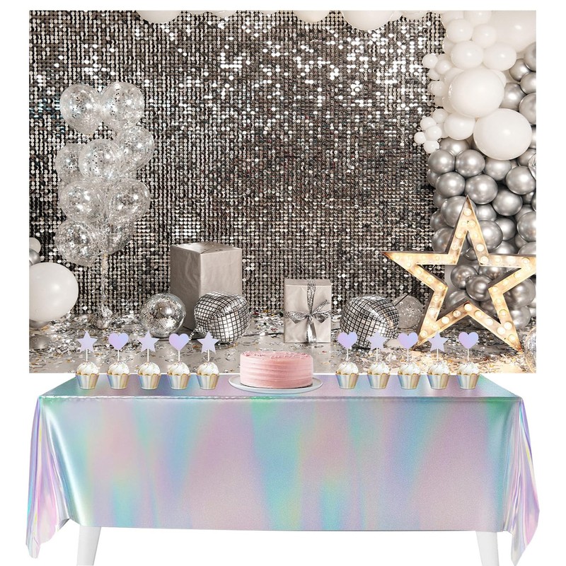AIIKES 8x6FT Silver Flash Wall Backdrop Silver Sequins Disco Photography