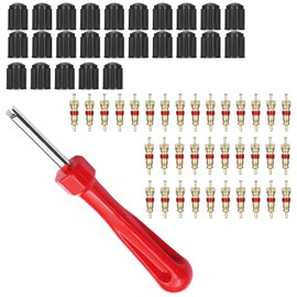 OWLMATE Car valve key, valve key, valve extractor, car tyre valve, pack of 25 tyre valve caps, 35 valve core, 1 valve core tool (gold)