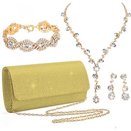stablerice 4 Pieces Women Rhinestone Evening Clutch Bag Silver Clutch Purses Bag for Women Evening Rhinestone Jewelry Set Bling Necklace Earrings Bracelets Set for Wedding (Gold Style)
