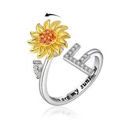 VYYU Fidget Ring with Beautiful Sunflower & Initial Letter ABC to XYZ - You are My Sunshine Anxiety Relief Stress Open Rings | Reliever Spinner Stress Relief Sunflower Gifts for Women Wife Daughter, F