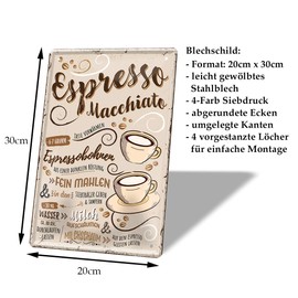 helges-shop Espresso Macchiato Tin Sign - Retro Decorative Coffee Espresso Sign - Metal Sign for Decorating Kitchen Coffee Shop American Cafe Diner Bistro - Instructions Recipe Preparation - 20 x 30