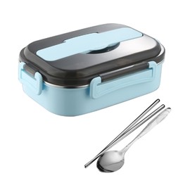 Yharnamite Thermal Lunch Box, 2-Compartment Stainless Steel Keep Warm Lunch Box Portable Leakproof Insulated Lunch Box with Cutlery Holder for Students, Office Workers, Travel (Blue)