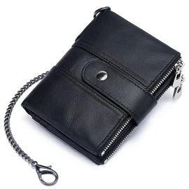 DUXIAOSHA Men's Genuine Leather Wallet, Bi-Fold Wallet, Wallet with Chain, Small Wallet, Compact Wallet, Zipper, Coin Purse, Holds 14 Cards, RFID & Magnetic Skimming Prevention, Black
