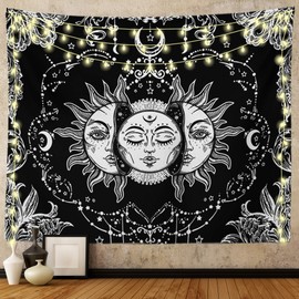 Ftuency Sun and Moon Tapestry Black and White Tapestries Mystic Burning Sun with Star Wall Hanging Decor for Bedroom (40" W x 30" L)
