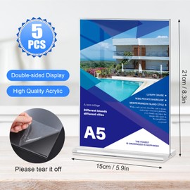 WENYA A5 Acrylic Sign Holder, 5PCS Clear Acrylic Poster Menu Holder, Acrylic Sign Holder T Shaped Double Sided, Wall Sign Memo Document Menu Holder (A5, 5 Pack)