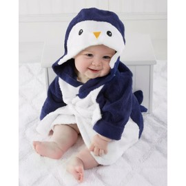 Boys Girls Dressing Gown Soft Cotton Bath Robe, Qiuck Dry Kids Hooded Bathrobe Towel Robe with Cute Animal Design, Blue Penguin 0-24 Months