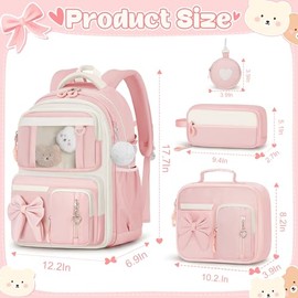Mochila escolar para niñas, 4 unidades, mochila con lonchera, bonita bolsa de libros para niños, adolescentes, escuela primaria, Rosa, Mo...