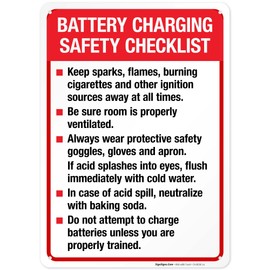 Battery Charging Safety Checklist Sign, 10x14 Inches, Rust Free .040 Aluminum, Fade Resistant, Indoor/Outdoor Use, Made in USA