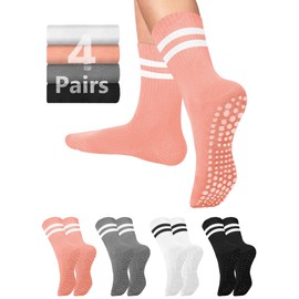 AURUZA Pilates Grippy Socks with Grips for Women Men Non Slip Anti Skid Sticky Pure Barre Yoga Socks White Cute Crew Length for Ballet Dance Home Barefoot Workout Hospital Gripper Womens Socks