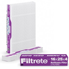 Filtrete 16x25x4 Refillable Air Filter replacement, MPR 1550, MERV 12, Allergen Bacteria & Virus, 2 Pack, use with reusable air filter frame of Filtrete Refillable Air Filter Kit, for HVAC, Furnace