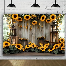 Fall Sunflower Grey Rustic Wood Wall Backdrop Vintage Lantern Eucalyptus Garden Background Thanksgiving Indoor Portrait Photo Booth Banner for Baby 1st Birthday Afternoon Tea Family Decor (B, 7X5FT)