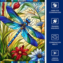 1000 Pieces Puzzles for Adults, Colorful Stained Glass Dragonfly Jigsaw Puzzles for Family Game Puzzles Lover 27.5"x19.6"