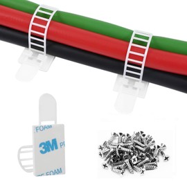 VAMRONE Adhesive Cable Management Clips, 50Pcs Adjustable Nylon Cable Strap Ties Wire Clips Clamps Organizer with Strong Adhesive Tape, Extra Screw & Hole for Strong Fixation Home Office - 3.35 Inch White