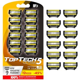 TopTech ULTRA 5 Razors for Men - Replaceable Cartridges for Manual Shaving Razor - 5 Blades Technology Refills - 12 Count Pack - Fits Gillette Fusion - Soft Shave, Sharp Blades - Cost-effective Refill