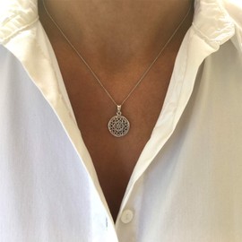 Silverly Women's .925 Sterling Silver Filigree Flower Henna Circle Pendant Chain Necklace, 46 cm