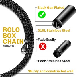ChainsHouse Venetian Chain 3 mm / 6 mm Stainless Steel Box Chain with Lobster Clasp Silver/Black/Gold Men's Necklace Punk Chain with Choice of Chain Length (18 - 32 inches for Hip Pop Rapper,