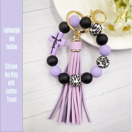 SHINYHARBOR Silicone Keychains Bracelet for Women Girls,Beaded Key Rings Wristlet for Car Keys,Cute Key Chain with Leather Tassel, Gifts for Womens, MaMa keychain, Purple-color