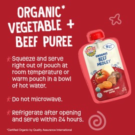 Earth's Best Organic Baby Food Pouches, 9+ Months, Beef, Vegetable, and Rice Puree for Babies 9 Months and Up, Organic Beef Medley, 4 Ounce Resealable Pouch (Pack of 12)