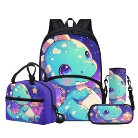 OZELANSAY Cute Cartoon Dinosaur Print Backpack Purse Purple Backpack with Lunch Box Pencil Case Water Bottle Sleeve for Girls Cute Book Bag Kids Age 8-10 School Bag Insulated Lunch Tote
