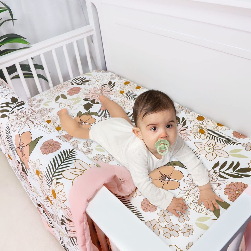 HNHUAMING Flower 4-Piece Crib Bedding Set, Baby Girl Bedding Crib