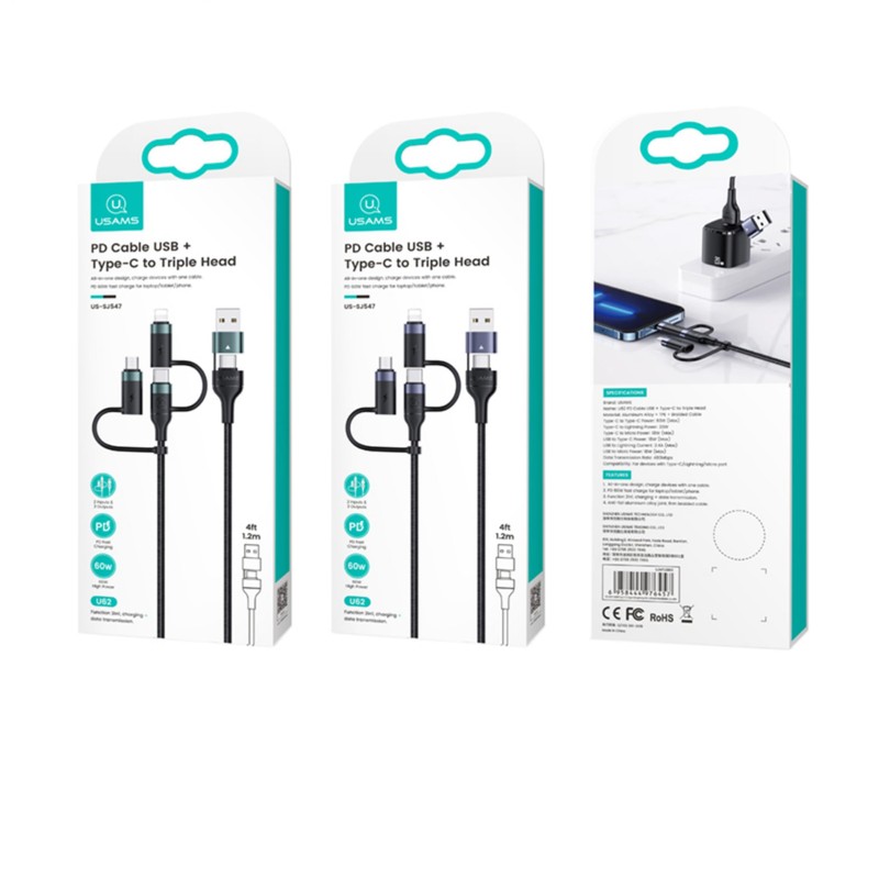 P4Y US-SJ547 kompatibel mit Lightning+TypeC+MicroUSB kabel zu USB-C Schnellladung 60W