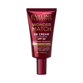 Eveline Cosmetics Wonder Match BB Cream SPF 50, crema giorno colorata per lucentezza satinata e idratazione, copertura costruibile con acido ialuronico, niacinamide e CICA