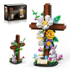 Christian Cross Flower Building Set - Jesus Botanical Lily Cross with Bible Base & Spring Garden - Religious Faith Gifts for Women, Mom & Grandma - Spiritual Home Decor, Baptism