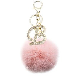 Unpafcxddyig Pom Pom Keychain Artificial Fur Ball Rhinestone Alphabet Letter Keychains for Car Key Ring Handbag Charm Tote Pendant,B