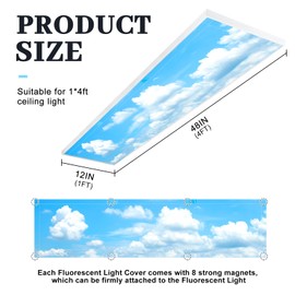 Wowangce 2 Pcs Fluorescent Light Covers 1 x 4 ft Magnetic Light Covers for Ceiling Lights with 8 Magnets White Cloud Blue Sky Overhead Light Filters for Classroom Home Office Hospitals Drop Lamp Decor
