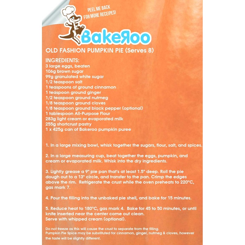 Bakeroo Tinned Pumpkin Puree (Pumpkin Pie Filling), 100% Natural -