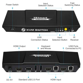TESmart HDMI KVM Switch 2 Ports 4K30Hz, KVM Switcher 2 PCs 1 Monitor with EDID Emulators, Supports USB 2.0 |L/R Out Audio, Hotkey Switch, Button Switch with Remote Switch and 2x1.5m KVM Cables
