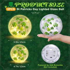 Rossesay Set of 2 St Patrick's Lighted Decorative Glass Ball 5.9'' 4.7'' Four Leaf Clover Crackle LED Lights for Tabletop Decoration Globe Lamp Battery Operated for Holiday Indoor Party Table Gift