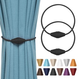 Pretty Jolly 2 Pack Upgrade Magnetic Curtain Tiebacks Handmade Weave Rope Curtain Holdbacks Convenient Decorative Cone Curtain Drape Tie Backs for Home & Office Window Drapery (Black)