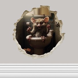Monster Mouse On Toilet in Mouse Hole - 3D Wall Sticker Decal, Cartoon Home Decor Vinyl Art, Bookcase, Laptop, Classroom, Kids Room, Bedroom, Children, Adorable