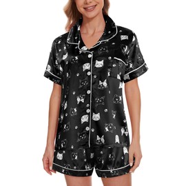YIJIU Womens Silk Satin Pajamas Set Soft Short Sleeve Sleepwear Button Down Loungewear 2 Piece Pjs Shorts Set,Black Cat,L