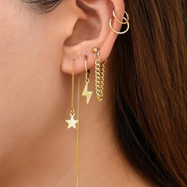 Dainty 14K Gold Plated Chain Tassel Dangling Earrings Set - Multiple Piercing Thread Style-Gold Huggie Dangle Hoop Earrings -Trendy Irregular Ear Cuff Statement Jewelry for Women (Gold Chain)
