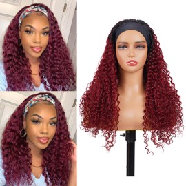 1B/99J Headband Wig Human Hair Deep Wave 12 Inches Ombre Burgundy Human Hair Headband wig None Lace Front Wigs Human Hair Wig for Black Women Wear and Go Wig 150% Density wig（1B/99J,DP,12Inch)
