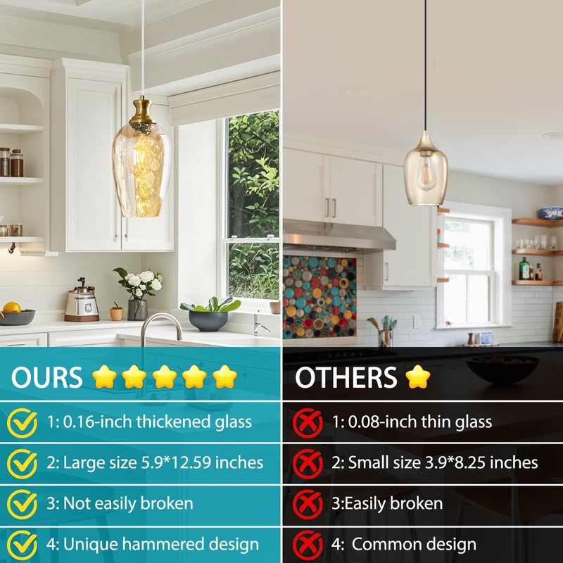 LBSQJ Glass Pendant Lights Kitchen Island 2 Pack 5.9" Amber