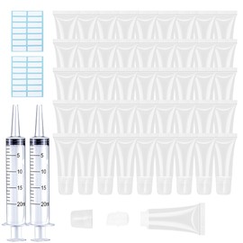 AMORIX 50PCS 5ml Lip Gloss Tubes Cute Cosmetic Tubes Empty Soft Refillable Lip Balm Containers for Women Girls Cosmetic Sample DIY with Syringes + Tag Labels Stickers