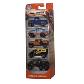 Matchbox 2019 MBX No Road, No Problem 5-Pack (Jeep Willys 4x4, Volkswagen Beetle 4x4, Jeep Gladiator, GHE-O Rescue, Road Mauler)
