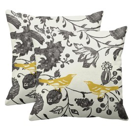 Emvency Set of 2 Floral Throw Pillow Cover Square Size 20x20 Inches Yellow Gray Vintage Bird Ivory Trendy Lumbar Decorative Pillowcase with Hidden Zipper Decor Cushion Gift for Holiday Sofa Bed