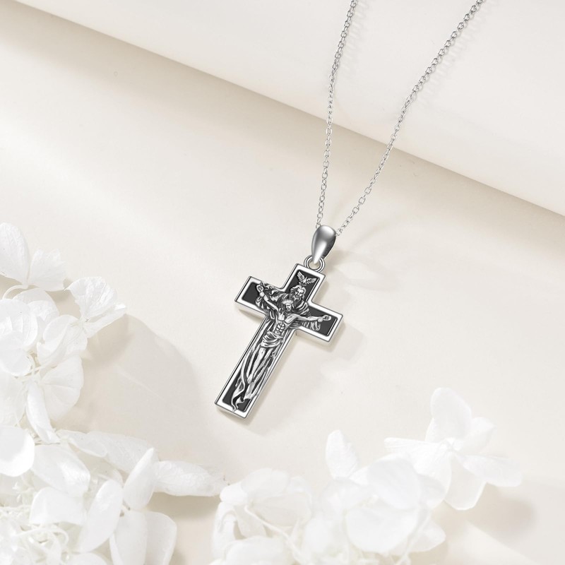 DAYLINLOVE Crucifix Necklace Men 925 Sterling Silver Black Onyx Jesus