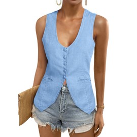 Tankaneo Womens Scoop Neck Blazer Vest Summer Linen Sleeveless Fitted Waistcoat Work Casual Cotton Suit Tops