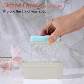 Quatish Leakproof Soap Dish with Lid & Draining Layer, Shatterproof Travel Bar Soap Holder Case Container, Portable Travel Size Toiletries Essentials for Camping, Gym, Bathroom, Beige