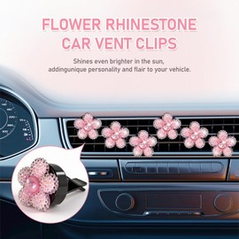 Crystal Rhinestone Flower Car Air Vent Clips – 6 Pcs Bling Sparkly Diamond Car Decoration Accessories for Women, Cute Dashboard Decorations for Car, Girly Car Interior Decor (Pink)