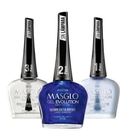 MASGLO GEL EVOLUTION Nail Polish Gel Effect, No UV/Led Lamp, Duration Up to 12 days, 3 PCs -Base, Esmalte ATRACTIVA, Brillo - Efecto Gel sin necesidad de UV/Led, hasta 12 días de duración 0,5 Fl. Oz.